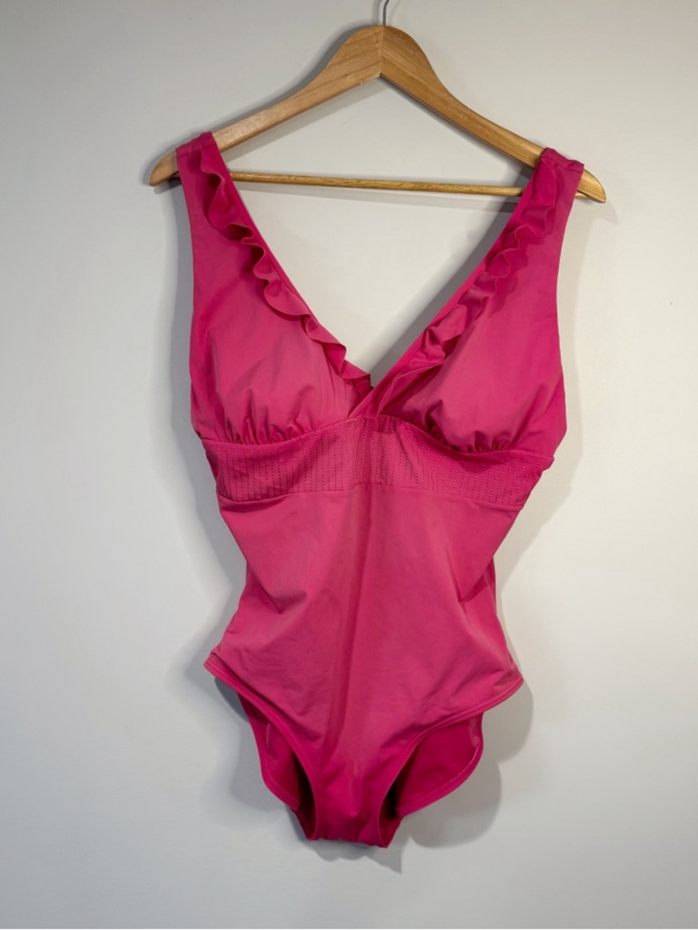SPANX Hot Pink Ruffle One Piece Tummy Control Swimsuit Plunge Neck Women's 14